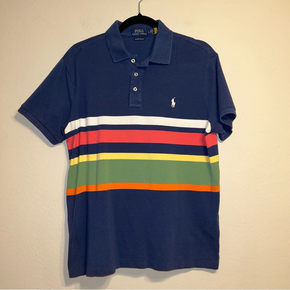 Polo Ralph Lauren Men Custom Slim Fit Striped Mesh Polo Shirt Blue Size L‎